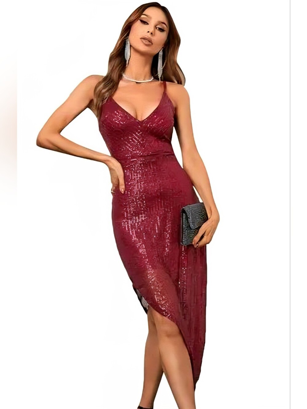 Red Sequin Mini Dress With Side Split - Picture 6 of 6